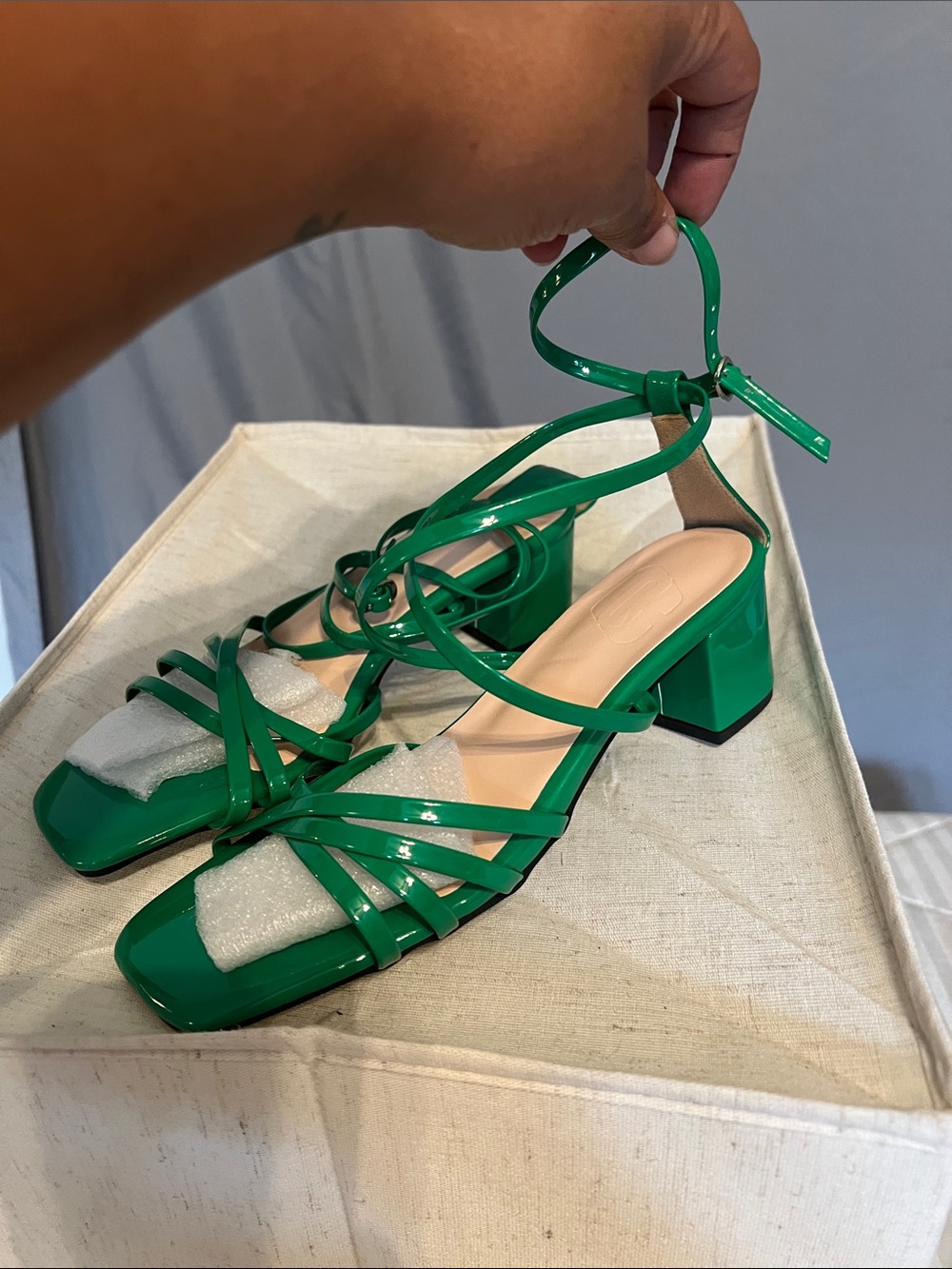 Green Strappy Block Heel Sandals with Ankle Clasp